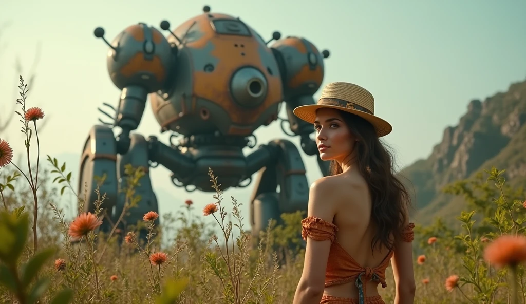 (masterpiece, UHD. Photorealistic. Analog photography.1950 style.) in a dystopian Neo retro futuristic world. (Facing view) An ultra hot gorgeous European woman. Age 23. Epic cleavage (100e size). Dressed like a 1930 adventuress explorer. She studies flora and fauna In the wilderness. 1930 clunky and rusty giant evil war robot with glowing eyes in the background.early morning light.