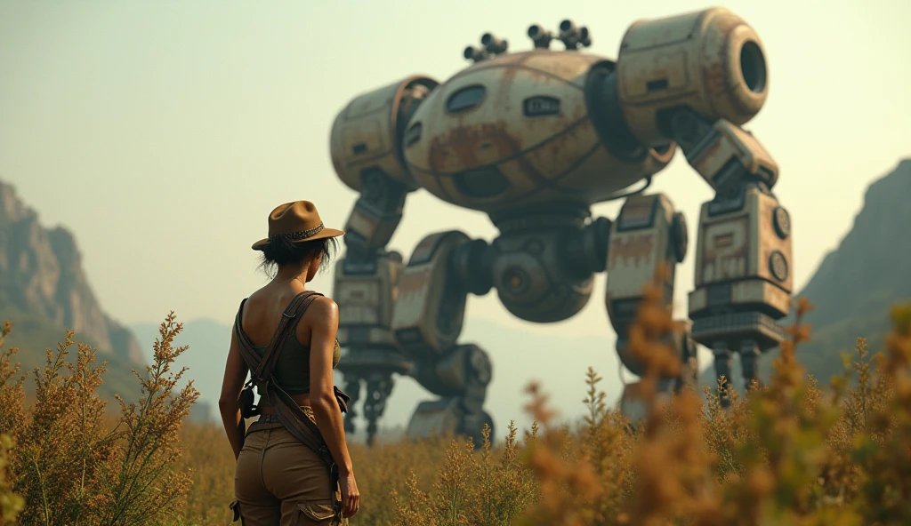(masterpiece, UHD. Photorealistic. Analog photography.1950 style.) in a dystopian Neo retro futuristic world. (Facing view) An ultra hot gorgeous European woman. Age 23. Epic cleavage (100e size). Dressed like a 1930 adventuress explorer. She studies flora and fauna In the wilderness. 1930 clunky and rusty giant evil war robot with glowing eyes in the background.early morning light.