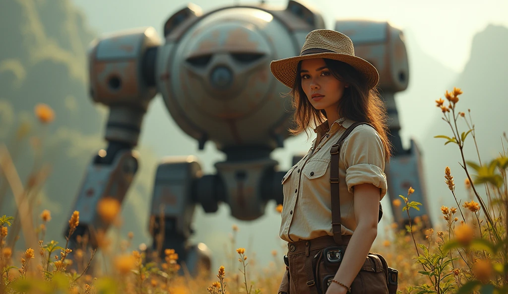 (masterpiece, UHD. Photorealistic. Analog photography.1950 style.) in a dystopian Neo retro futuristic world. (Facing view) An ultra hot gorgeous European woman. Age 23. Epic cleavage (100e size). Dressed like a 1930 adventuress explorer. She studies flora and fauna In the wilderness. 1930 clunky and rusty giant evil war robot with glowing eyes in the background.early morning light.