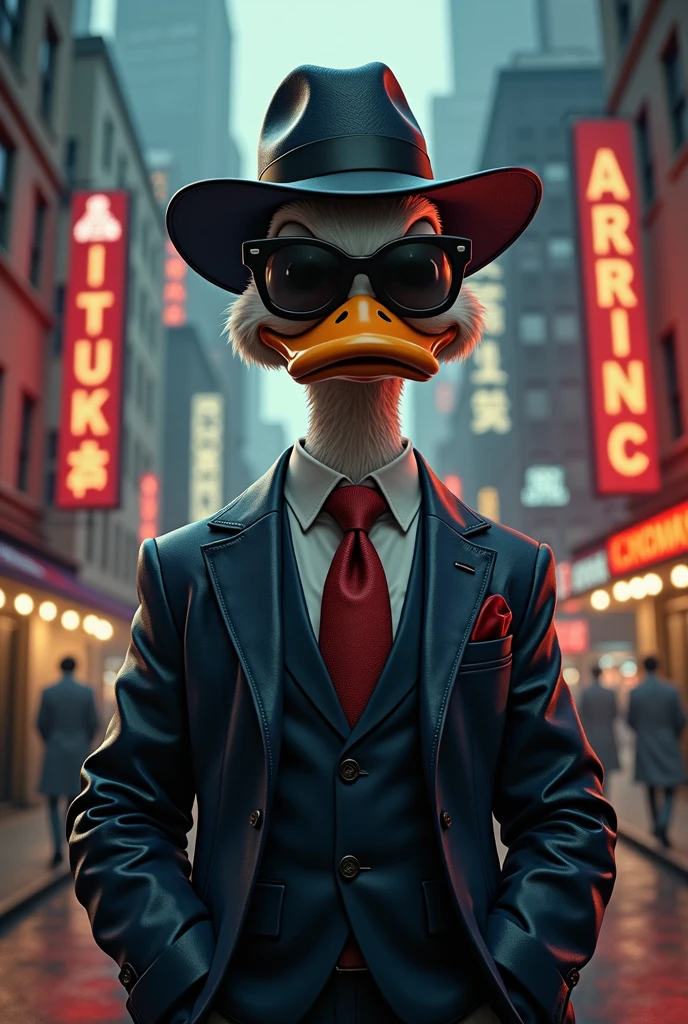 Duck with mafia style at the city