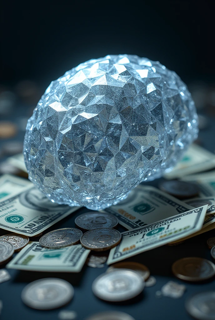 A brain made of diamond to symbolize a strong mind and that in the background of the image there is money