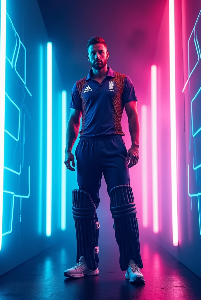 Ben stokes stood on the neon blue and pink lights .