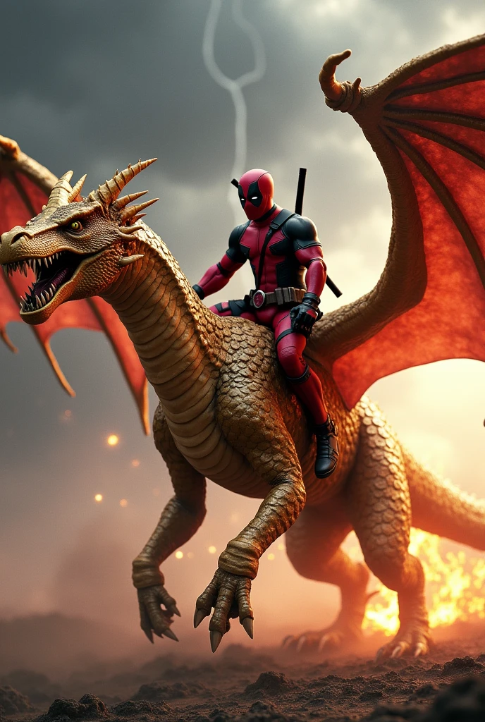 Create an image of a dragon being ridden by a Deadpool