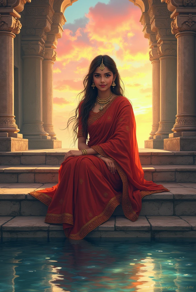 Beautiful Indian girl in saree looking infront stright sitting on temple ladder and in front of ladder there is a pond and the sky is colorful