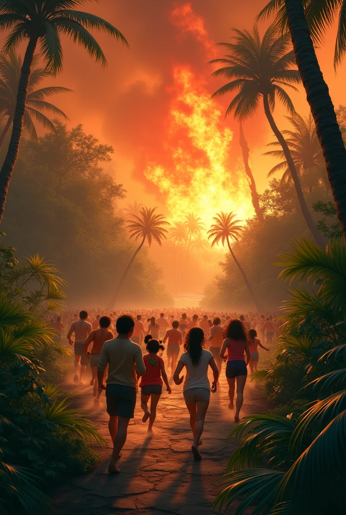 People fleeing forest fire in the jungle pixar style drawing 