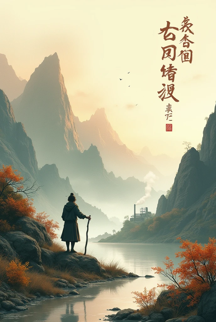 ((( Write in traditional Chinese characters from top to bottom in the upper right corner of the screen"Cold mountains turn green,Autumn water rippling"。these words )))Cold mountains turn green,Autumn water rippling。Leaning on the stick outside the firewood gate,Listening to the evening cicada in the wind。 The sunset over the ferry,Solitary smoke in the ruins。complex value pick up drunkenness,Kyoka Goryu-mae.