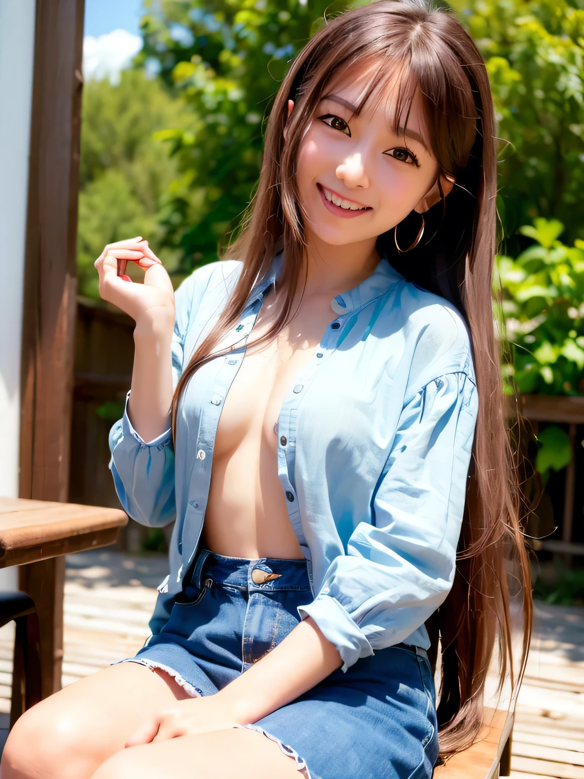 (8k, RAW Photos, Highest quality, masterpiece:1.5),(Realistic, photo-Realistic:1.37), Very detailed, 1 girl,cute, alone,Beautifully detailed skies,Detailed Cafe,Sitting,(smile:1.1),(Mouth closed), Mid-chest,Beautiful attention to detail,(Open shirt:1.1), (Long Hair:1.2),Floating Hair、mini skirt、(Idol's face:1.4),Beautiful Skin、Sit on a bench、(Panty shot:1.5),blush、(Open)、