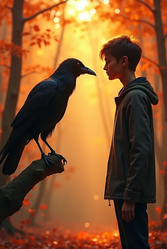 "A dramatic, close-up scene in a warm, autumnal forest where a black crow and a human stand face to face. The crow is perched on a low branch, its head tilted slightly as it gazes directly into the human's eyes with an intense, almost challenging look. The human, bathed in the golden light of the setting sun, is dressed in casual clothing and holds still, their expression a mix of curiosity and respect. The background features vibrant orange and red leaves, with rays of sunlight filtering through the trees, casting a warm, glowing ambiance over the scene. The atmosphere is both intimate and mysterious, capturing a moment of silent communication between the two."