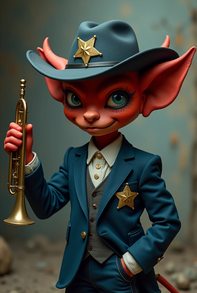 Machiavellian little devil with a lead-colored sheriff&#39;s hat and badge, aviation blue suit white shirt holding trumpet no vest