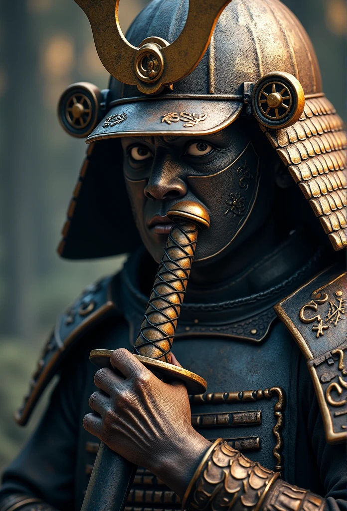In a mesmerizing tribute to ancient warriors, Naruto stands in the enigmatic outfit of the former samurai. Coated with finely carved armor, It tells stories of past battles. Le casque, crowned by a majestic ridge, conceals Naruto's face while exuding an air of mystery and reverence. Eyes hidden behind a visor, He stands with an unshakable position, Embodying the honor and discipline of the samurai lineage. armure, engraved with symbols of strength and resilience, is a testament to Naruto's journey and growth. A hand rests gracefully on the handle of a legendary blade, its blade reflecting light in the ethereal glow. While the ancient metal of the armor captures the sun's rays, He whispers forgotten legends and the spirits of warriors of the past.. Dans cette rencontre captivante, Naruto, Dressed in the ancient armor and helmet of the samurai, is ready to face any adversary with the wisdom and valour of his predecessors, His spirit ignites with the determination to protect everything he holds dear... improve this photo and face is a enhance and crop the photo so face