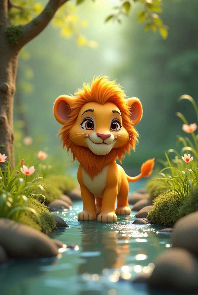 Leo, the little lion with the golden mane, exploring near the stream. 3D image