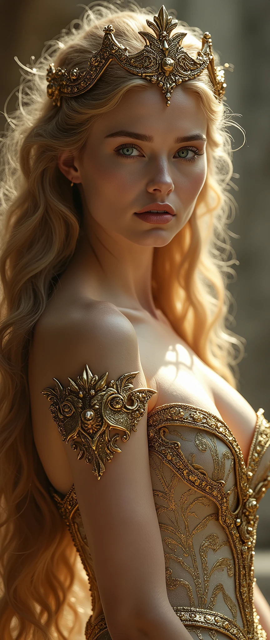 dragon queen, blonder woman, very beautiful with European features, dominant woman, diva, magestosa,