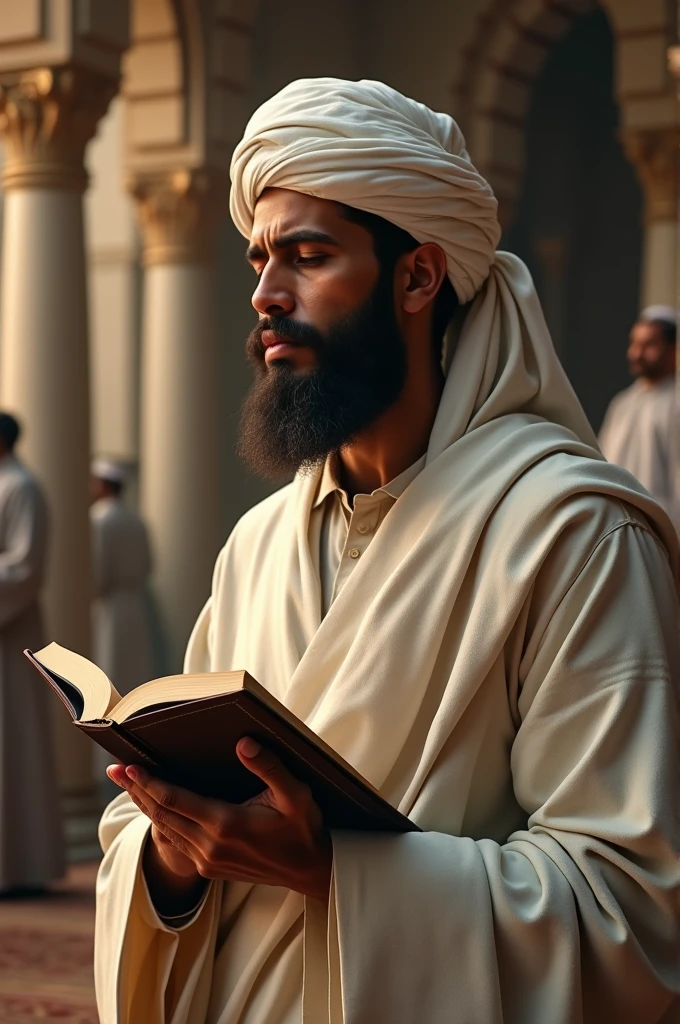 "A man in traditional Islamic attire, such as a thobe or kurta, and a kufi or turban. He could have a peaceful and respectful expression, with a beard if appropriate. The setting could be a mosque or a serene, spiritual environment, and he might be holding a copy of the Quran or engaged in prayer."