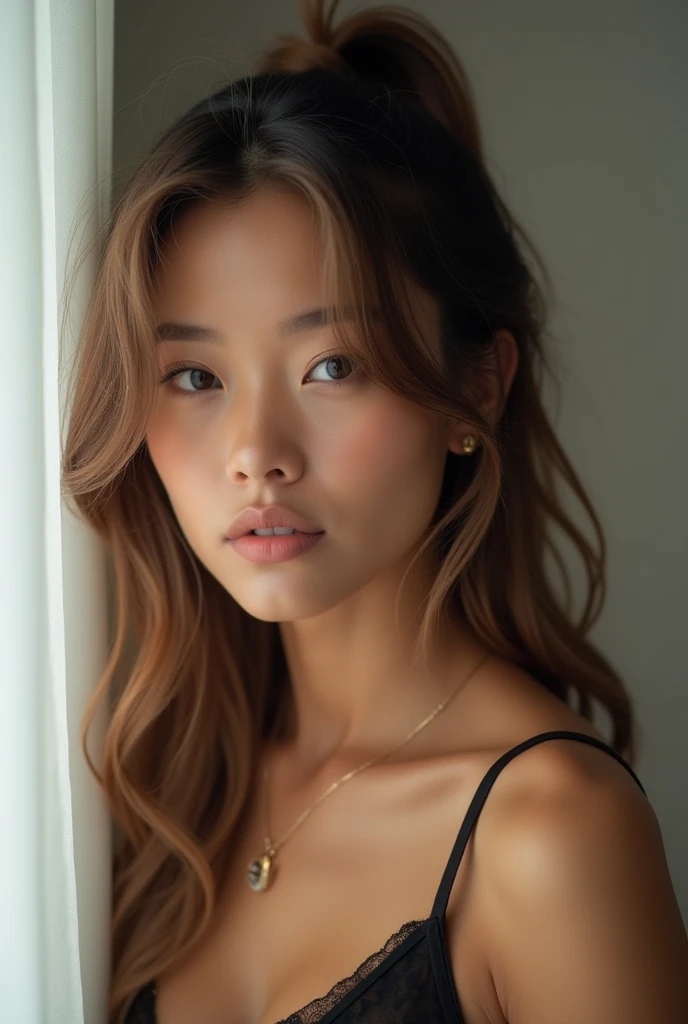 Full face portrait photo of 25 year old European girl, RAW, beautiful woman, semi-open strawberry lip, dimples, wistful expression, (brown hair with extra long wavy), ((detailed face)), ((detailed facial features)), (fine detailed skin), pale skin, cyberpunk megacity environment, (cool color), moist, damp, reflection, (masterpiece(Detailed details) shot with Canon EOS R5 (Realistic Photos) (Realistic Photos) (Detail) 50mm Lens, f/2.8, HDR, (8k) (Wallpaper) (Cinematic Lighting) (Dramatic Lighting) (Sharp Focus) (Complex), RAW Photography, RAW Photography, Gigachado Photography, Camera Pose, Back Arm, 8K UHD, DSLR, High Quality, Grain Film, Fujifilm XT3, Film Stock Photo 4 Kodak Portra 400 Camera F1.6 Lens Rich colors Ultra-realistic textures Dramatic lighting Unreal Engine Art Station Trends Cinestir 800 Tungsten, Toughboy Style, Ultra Focus Face, Intimidating, Black and Long Hair, Muscles, Bursting Veins, Beads, (half-opened minimalist off shoulder tightly transparent overall sweater )),