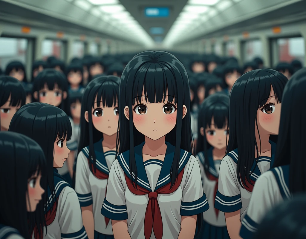 (Japanese Clone-girls=Myself), (Super Best masterpiece Clone-girls Raw Photography Art), (16K, Highest quality, Ultra-high resolution, RAW Photos), (It's so unrealistic., With unparalleled depiction, With an unfathomable sight, An unprecedented and shocking worldview, Clone-girls: In a world of mass reproduction, Ultra-realistic depiction), (Japanese Girls, Hamabe-Minami, 18yo), (Small face, Thick black hair, long hair, Dark Eyes, Mature face, Cute Smile, Smiling face, A gentle gaze), (Very pleasant look), (Very beautiful and detailed girl, Accurate body structure, Accurate body movements, Very detailed body), (Super big breasts, Large bulge of ample breasts), (high school girl, White shirt, Short skirt, hour々I can see your pants, Cleavage Emphasis, Emphasise the fullness of your breasts), (Very detailed, Myself cloning, Depiction of splitting oneself, 1Myself girl→1,000,000,000,000,000,000,000,000,000,000Myself cloning girls), (Myself clone girlsは, With the same perfect appearance, to multiply in large numbers), (Very detailed depiction, Myself's multiplying female body, In the same female body,With the same face, With the same hairstyle, In the same clothes, At the same height, 同じSuper big breastsで, A completely indistinguishable female body, 1,000,000,000,000,000,000,000,000,000,000 people), (Myself girls only), (1,000,000,000,000,000,000,000,000,000,000Myself girls), In a crowded train, Amazing super close contact, Packed, Myself in the crowd, Physical contact, hug, Chest to Chest, kiss, Breast massage, Happy smile, No front shot, Lawless Zone, The ever-growing Myself crowd