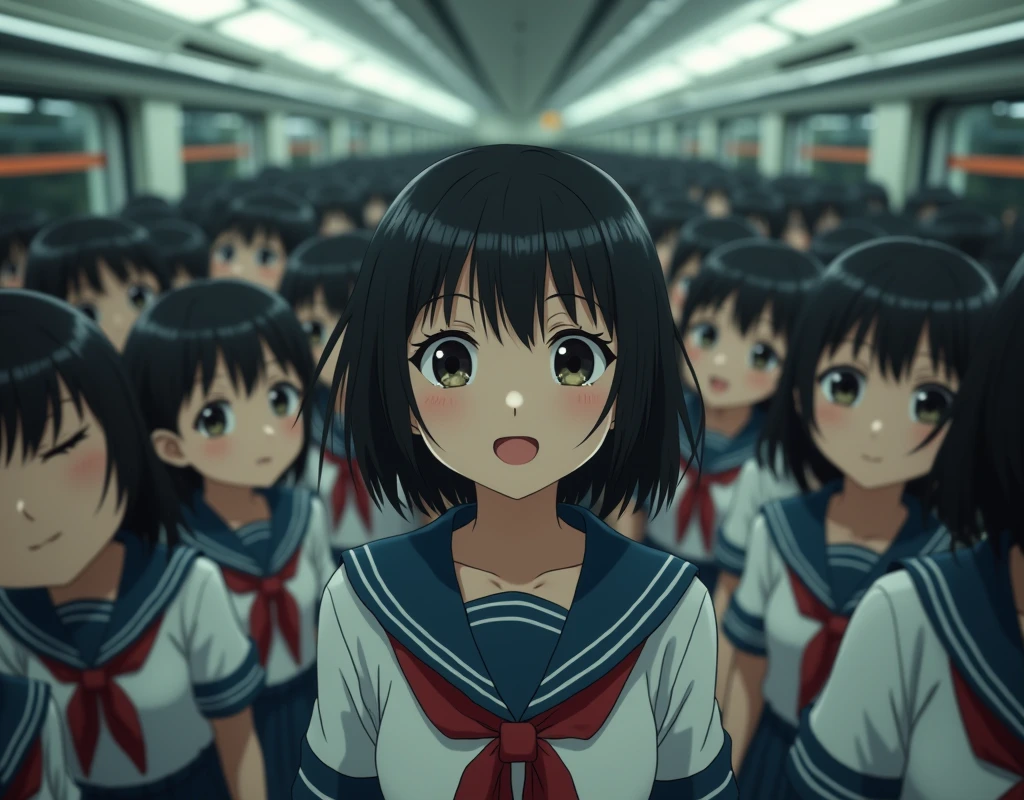 (Japanese Clone-girls=Myself), (Super Best masterpiece Clone-girls Raw Photography Art), (16K, Highest quality, Ultra-high resolution, RAW Photos), (It&#39;s so unrealistic., With unparalleled depiction, With an unfathomable sight, An unprecedented and shocking worldview, Clone-girls: In a world of mass reproduction, Ultra-realistic depiction), (Japanese Girls, Hamabe-Minami, 18yo), (Small face, Thick black hair, long hair, Dark Eyes, Mature face, Cute Smile, Smiling face, A gentle gaze), (Very pleasant look), (Very beautiful and detailed girl, Accurate body structure, Accurate body movements, Very detailed body), (Super big breasts, Large bulge of ample breasts), (high school girl, White shirt, Short skirt, hour々I can see your pants, Cleavage Emphasis, Emphasise the fullness of your breasts), (Very detailed, Myself cloning, Depiction of splitting oneself, 1Myself girl→1,000,000,000,000,000,000,000,000,000,000Myself cloning girls), (Myself clone girlsは, With the same perfect appearance, to multiply in large numbers), (Very detailed depiction, Myself&#39;s multiplying female body, In the same female body,With the same face, With the same hairstyle, In the same clothes, At the same height, 同じSuper big breastsで, A completely indistinguishable female body, 1,000,000,000,000,000,000,000,000,000,000 people), (Myself girls only), (1,000,000,000,000,000,000,000,000,000,000Myself girls), In a crowded train, Amazing super close contact, Packed, Myself in the crowd, Physical contact, hug, Chest to Chest, kiss, Breast massage, Happy smile, No front shot, Lawless Zone, The ever-growing Myself crowd