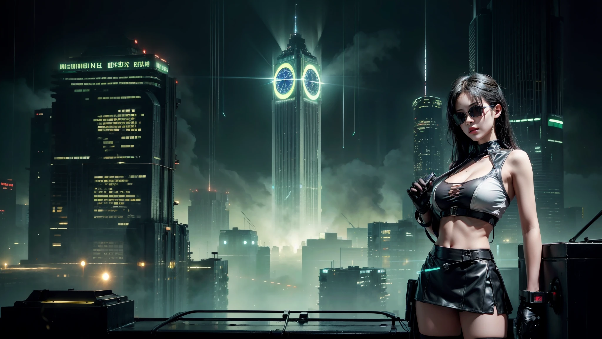 (Wide angle view). Matrix film inspired city, simple outlined neon tall buildings, glowing giant clock tower, lightning, close-up glowing matrix cascading code, 3D rendering Beeple. At night, (1girl, solo, alone), photorealistic, large-breast slim:0.6 body, oval:0.5 face, cleavage:1.1, miniskirt, deep-v, ((upskirt)), glove, (Matrix style black micro sunglasses), ((aiming viewer with a short gun)), (half-body thigh level close-up shot), cinematic lighting, ray tracing.