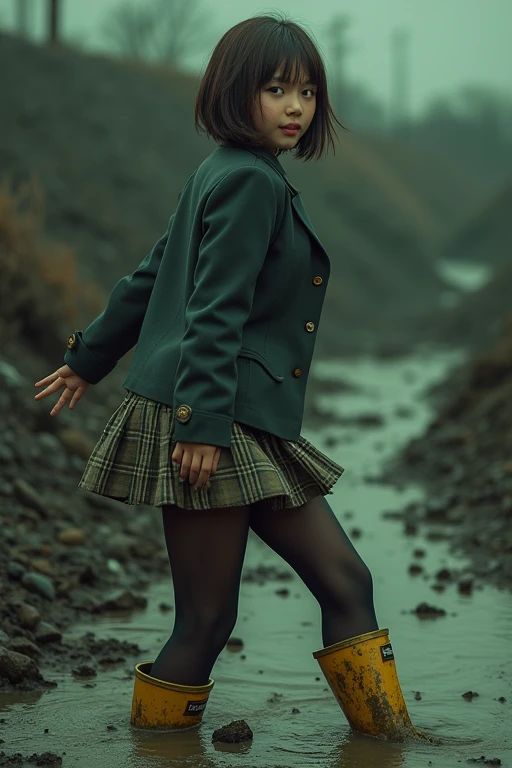 Highest quality)), ((masterpiece)), Dark dirty garbage filled pitch black green sludge quagmire at waste dump、Cute Japanese woman with short hair、boyish、Brown Hair、Thick body type、Beautiful breasts、Thicker legs、Getting stuck in the mud in yellow Hunter rain boots、Blazer uniform muddy、Checkered flared skirt covered in mud、Black pantyhose torn and covered in mud、Mud stains on face、Mud stains on clothes、Leaning forward、Look back and smile