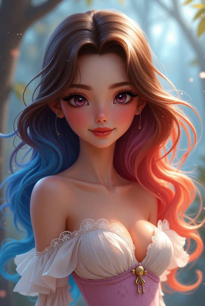 A short busty girl with long black hair, half brunette but on Disney