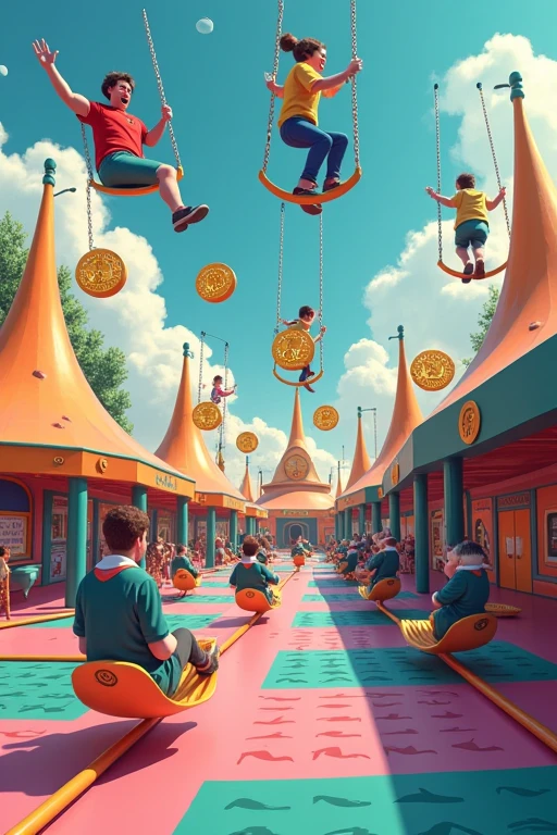 A vibrant playground with crypto traders swinging on yield curves, sliding down price charts, and playing on see-saws balanced by US Treasury tokens. BlackRock's BUIDL logo appears as the main attraction, with other fund logos as smaller rides.