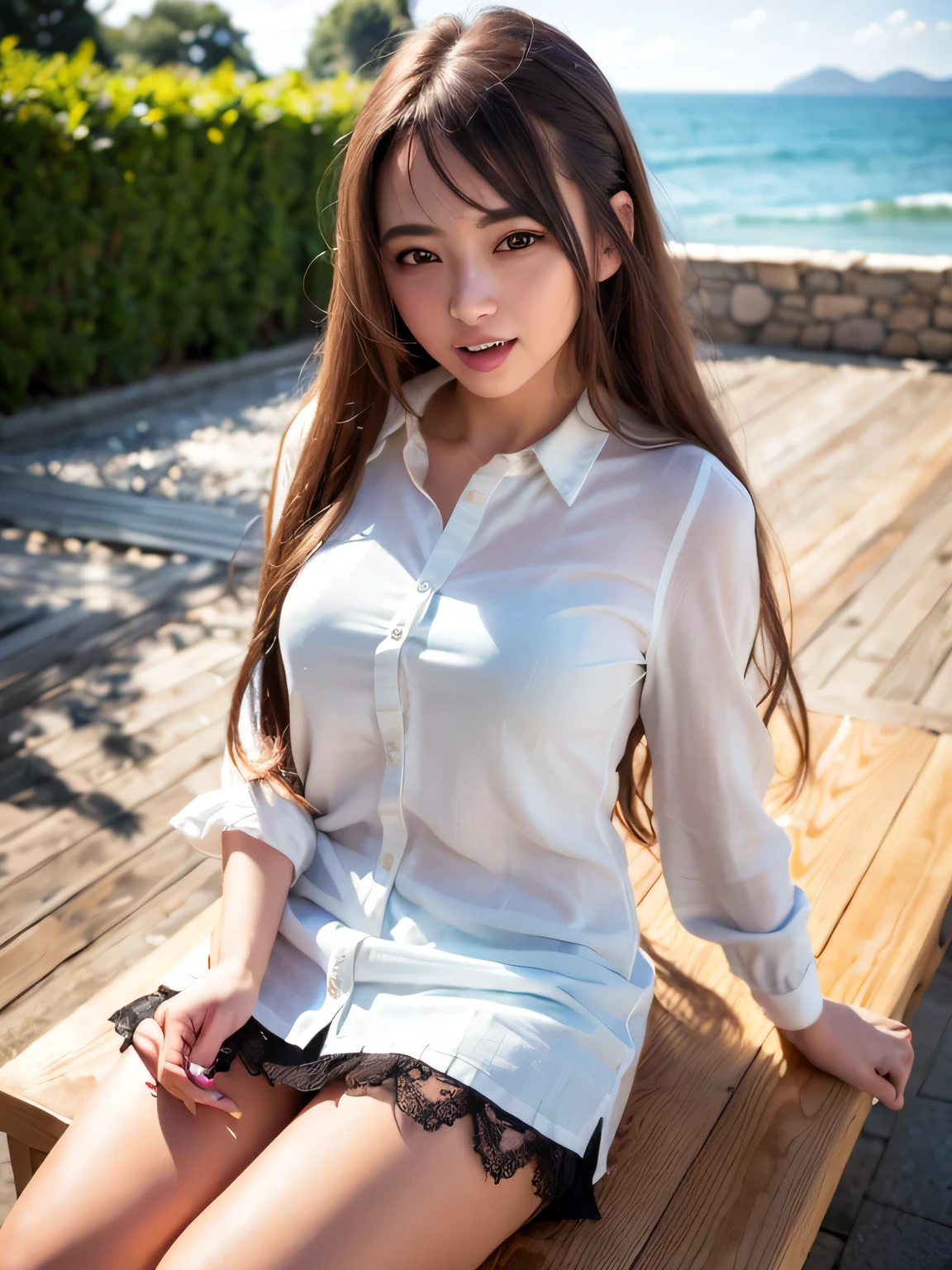 (8k, RAW Photos, Highest quality, masterpiece:1.5),(Realistic, photo-Realistic:1.37), Very detailed, 1 girl,cute, alone,Beautifully detailed skies,Detailed Cafe,Sitting,(smile:1.1),(Mouth closed), Mid-chest,Beautiful attention to detail,(Open shirt:1.1), (Long Hair:1.2),Floating Hair、mini skirt、(Idol&#39;s face:1.4),Beautiful Skin、Sit on a bench、(Panty shot:1.5),blush、(Open)、