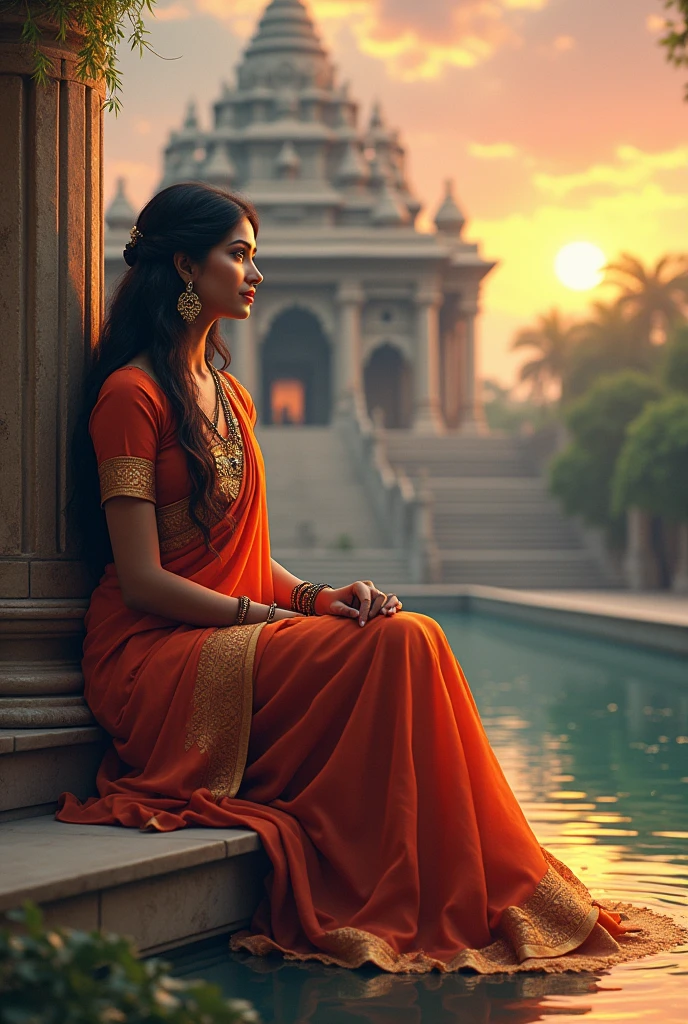 Beautiful Indian girl in saree looking infront stright sitting on temple ladder and in front of ladder there is a pond and the sky is colorful
Realistic