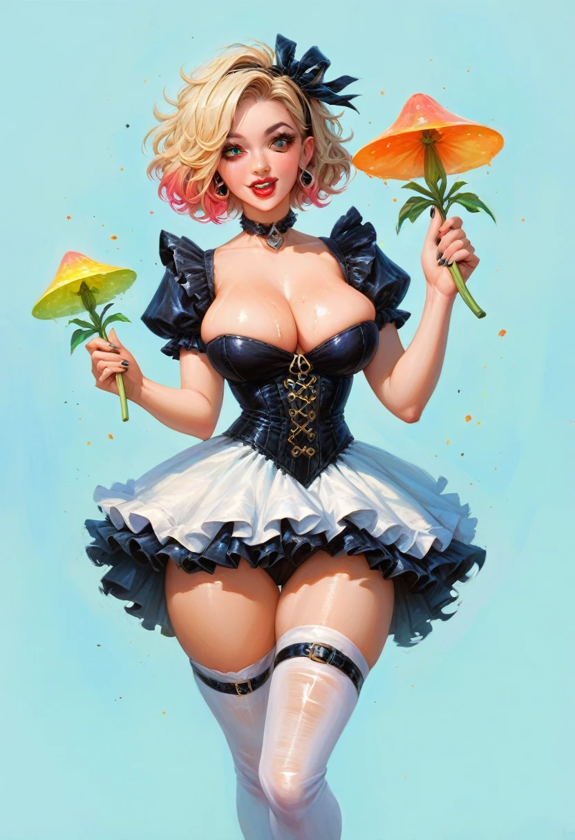 A Tim Burton art style of a beautiful 20 year old blonde  Alice in wonderland with big messy hair in a tattered sheer black dress, white stockings, black headband, cleavage, holding a glowing mushroom, fantasy art style, gothic style, cute detailed digital art, colorful digital fantasy art, digital fantasy art ), glossy digital painting.