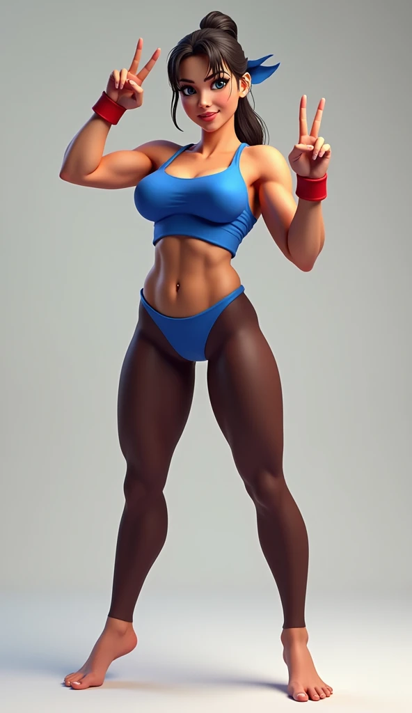 Show entire body, feet in view, Chun-li, blue classic chin-li outfit with dark brown pantyhose, barefoot, making a peace sign with her hand