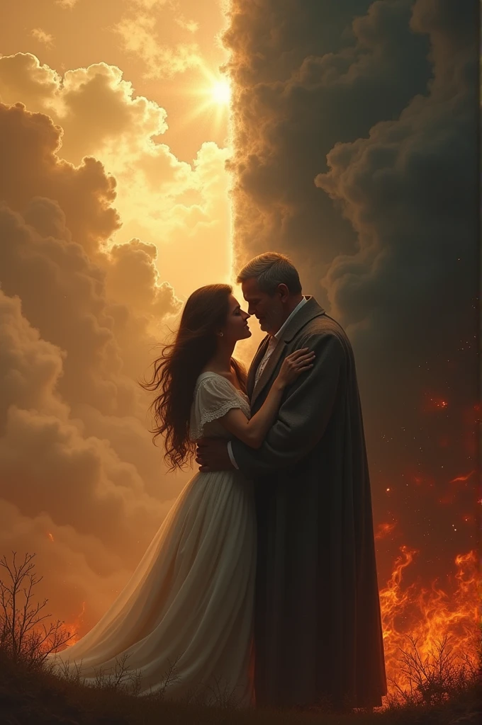 realistic photo of a person with a hugging father in heaven and another in hell suffering.
