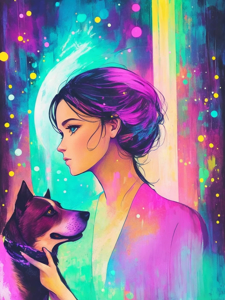 	woman,whole,dog, Bright design, pastel colour, Drops of ink, Spring lights