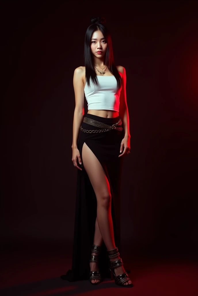 Female kpop idol with sharp korean facial features, black hair in a bun, soft red lighting, full body picture, black background, stylish tight white top, black skirt, black platforms, chain belts.