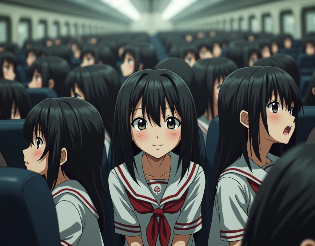 (Japanese Clone-girls=Myself), (Super Best masterpiece Clone-girls Raw Photography Art), (16K, Highest quality, Ultra-high resolution, RAW Photos), (It's so unrealistic., With unparalleled depiction, With an unfathomable sight, An unprecedented and shocking worldview, Clone-girls: In a world of mass reproduction, Ultra-realistic depiction), (Japanese Girls, Hamabe-Minami, 18yo), (Small face, Thick black hair, long hair, Dark Eyes, Mature face, Cute Smile, Smiling face, A gentle gaze), (Very pleasant look), (Very beautiful and detailed girl, Accurate body structure, Accurate body movements, Very detailed body), (Super big breasts, Large bulge of ample breasts), (high school girl, White shirt, Short skirt, hour々I can see your pants, Cleavage Emphasis, Emphasise the fullness of your breasts), (Very detailed, Myself cloning, Depiction of splitting oneself, 1Myself girl→1,000,000,000,000,000,000,000,000,000,000Myself cloning girls), (Myself clone girlsは, With the same perfect appearance, to multiply in large numbers), (Very detailed depiction, Myself's multiplying female body, In the same female body,With the same face, With the same hairstyle, In the same clothes, At the same height, 同じSuper big breastsで, A completely indistinguishable female body, 1,000,000,000,000,000,000,000,000,000,000 people), (Myself girls only), (1,000,000,000,000,000,000,000,000,000,000Myself girls), In a crowded train, Amazing super close contact, Packed, Myself in the crowd, Physical contact, hug, Chest to Chest, kiss, Breast massage, Happy smile, No front shot, Lawless Zone, The ever-growing Myself crowd
