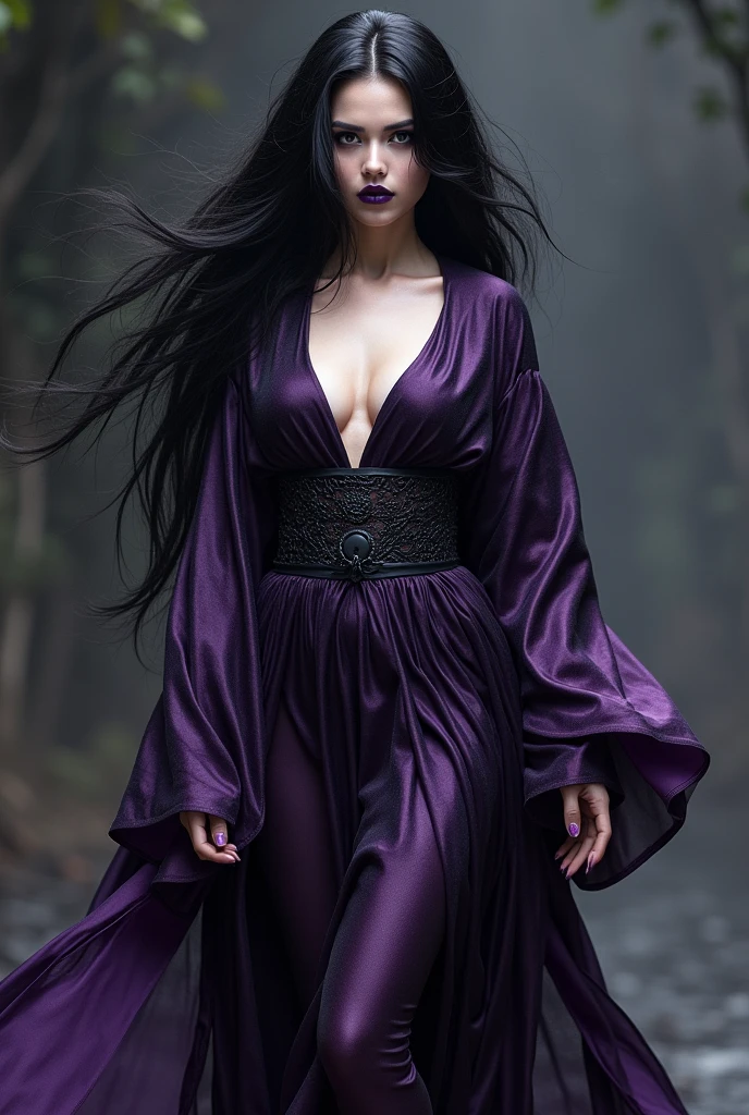 Yami, the Goddess of Chaos, Destruction, Death, Darkness, the End, and Omega
Clothes:
Yami’s attire is deliberately provocative, designed to seduce as much as to intimidate. Her kimono is made of dark, shimmering fabric that clings to her body, accentuating her every curve. The neckline plunges deeply, almost to her navel, revealing the swell of her breasts. The kimono is slit high on both sides, exposing her long, shapely legs with every step. The dark purple and black colors swirl in hypnotic patterns, almost like shadows come to life. The fabric is thin and semi-transparent, teasing glimpses of her fair skin underneath. The obi is tied loosely, almost carelessly, giving her an air of dangerous allure. Her outfit is both a declaration of her power and a challenge to those who dare to approach her.
Appearance:
Yami’s long, raven-black hair flows down her back like a river of darkness, framing her face in an alluring cascade. Her deep purple eyes are filled with a dark, dangerous beauty, like the depths of the night sky. Her fair skin contrasts sharply with her dark attire, making her look even more otherworldly. Her lips are a deep, almost black shade of purple, full and inviting, but with a hint of danger. Yami’s movements are slow and deliberate, each step a blend of seductive grace and lethal intent. Her entire presence exudes a forbidden allure, drawing others into her orbit even as they fear the chaos she brings.