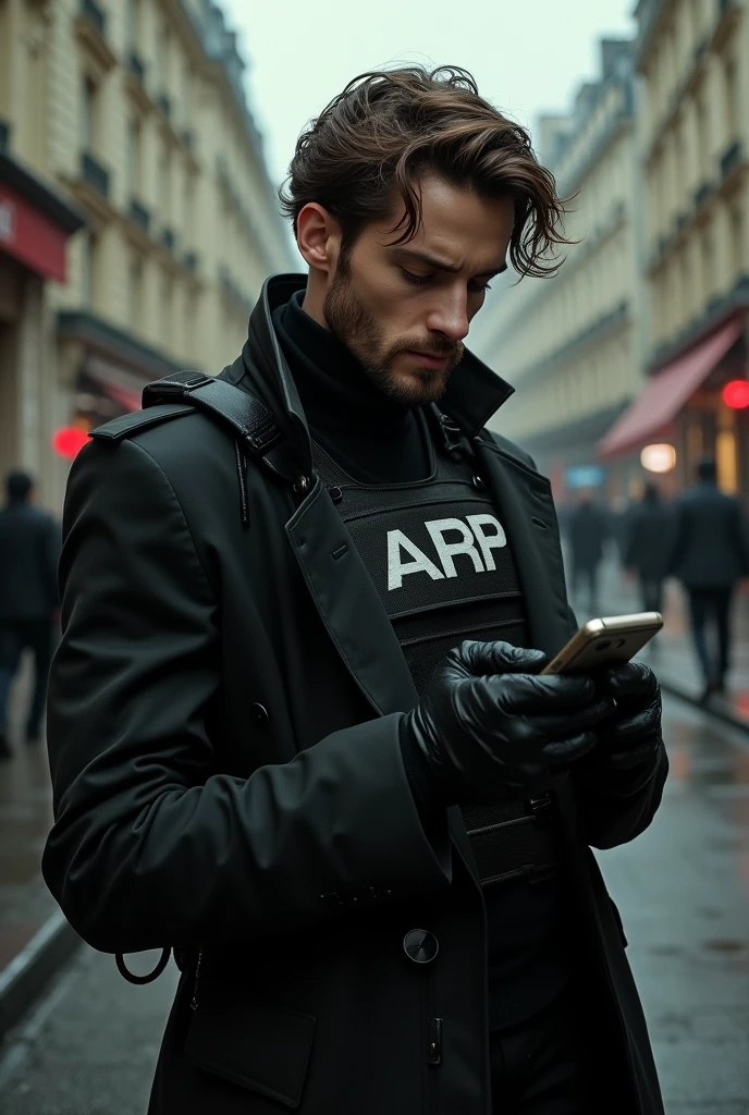 (work of art,Distinctive Quality,mirror-like,Cinematic experience,insanely detaileda,absurderes),8k,wall-paper,(best illustrations:2.0),(a 2 English man:2.0),brown hair and thin beard,(Ghost in the Shell style worldview:2.0),(black tactical overcoat:2.0),(Heavy black bulletproof vest:2.0),(written vest "ARP":1.8),(black gloves:2.0),(thin, thin-faced boy:2.0),(gorgeous eyes),(face detailed),(Detailed hand drawing:2.0),(He is standing and fiddling with his cell phone..:2.0),(The background is Paris),(Drawing in monochrome:2.0),(noir:2.0),(looking at me with his head down and serious:2.0),kubrick stare