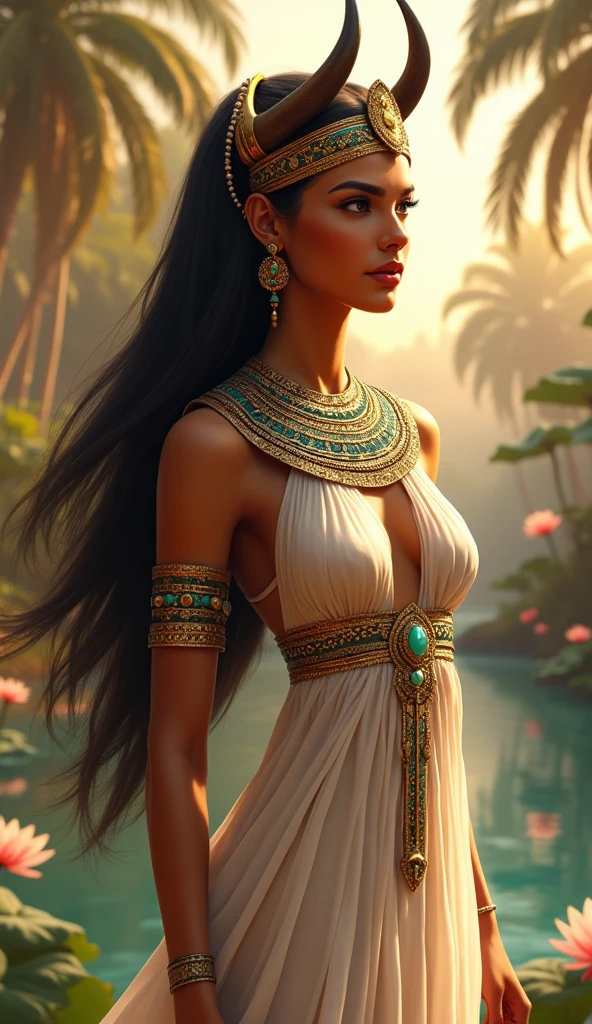 A hyper-realistic portrayal of Hathor, the ancient Egyptian goddess of beauty, love, and joy. She stands gracefully, her figure embodying divine femininity, with a slender yet voluptuous form. Her skin is a rich, warm bronze, glowing with a subtle, ethereal light. Hathor's face is serene and captivating, with large almond-shaped eyes that are deep brown and filled with compassion. Her lips are full and slightly curved in a gentle, knowing smile. She wears an elaborate headdress featuring a sun disk encircled by cow horns, symbolizing her role as a sky goddess and mother figure. Her long, dark hair flows freely down her back, adorned with intricate gold and turquoise beads. Hathor is dressed in a flowing, sheer white gown, delicately embroidered with gold threads that catch the light, emphasizing her divine status. Around her neck, she wears a broad collar of turquoise, lapis lazuli, and gold, shimmering with each movement. The background is a lush, vibrant landscape of the Nile, with palm trees and lotuses in bloom, symbolizing fertility and life. The entire scene exudes a sense of harmony, joy, and the nurturing presence of Hathor."