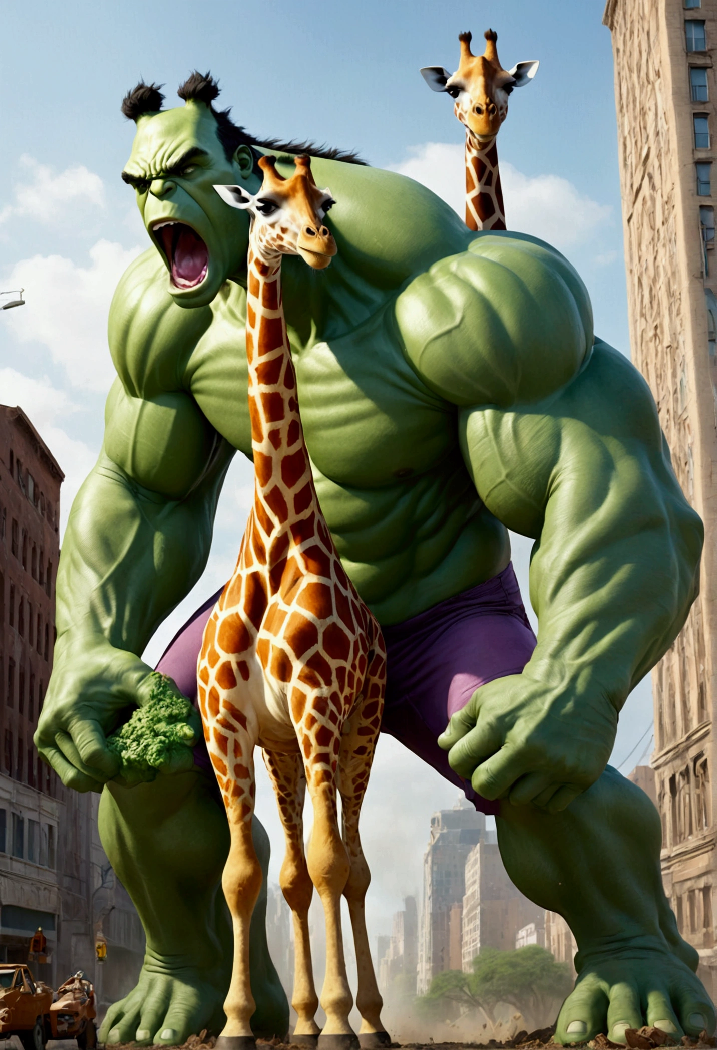 Here's a detailed prompt for the image:
In a surreal and exaggerated battle scene, the Hulk, with his iconic green skin and muscular build, is being overpowered by a tall, powerful giraffe. The giraffe, towering over the Hulk, has wrapped its long neck around him in a tight grip, lifting him slightly off the ground. The Hulk appears surprised and struggling, his face showing both shock and frustration. The background is a mix of a cityscape and a savannah, blending urban elements with wild nature. Dust and debris are scattered around, emphasizing the intensity of the encounter. The colors are vibrant, with the giraffe's spotted pattern contrasting sharply with the Hulk's green hue.