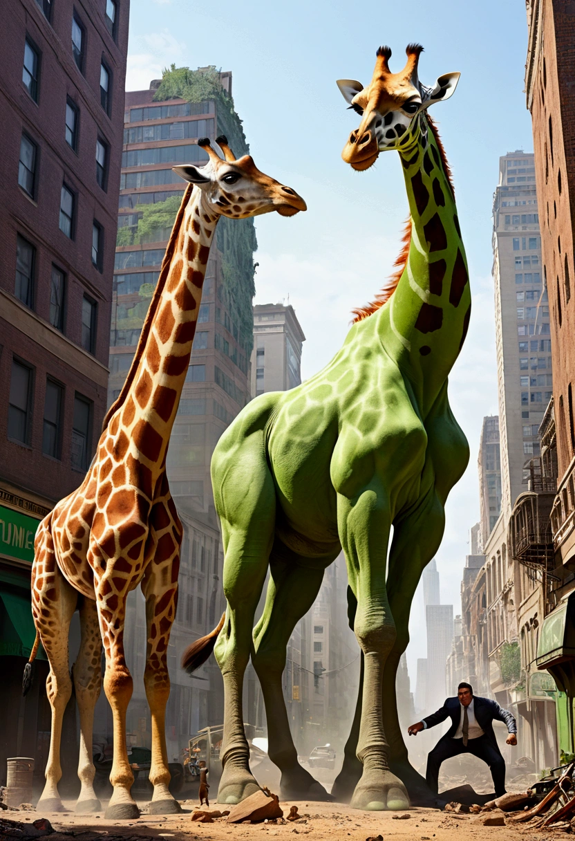 Here's a detailed prompt for the image:
In a surreal and exaggerated battle scene, the Hulk, with his iconic green skin and muscular build, is being overpowered by a tall, powerful giraffe. The giraffe, towering over the Hulk, has wrapped its long neck around him in a tight grip, lifting him slightly off the ground. The Hulk appears surprised and struggling, his face showing both shock and frustration. The background is a mix of a cityscape and a savannah, blending urban elements with wild nature. Dust and debris are scattered around, emphasizing the intensity of the encounter. The colors are vibrant, with the giraffe's spotted pattern contrasting sharply with the Hulk's green hue.