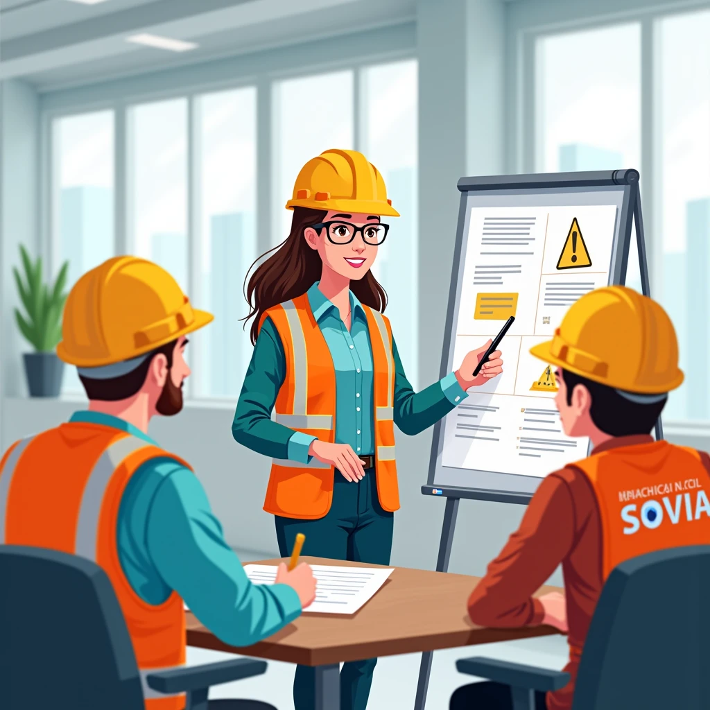 Title: capacitación sobre prevención de accidentes en el trabajo
Descripción:
- A professional woman in health and safety at work, with appropriate clothing and accessories (For example, safety jacket, glasses, etc.)
- The woman is giving training to a group of company workers "SOVIA N.c.L"
- The workers are sitting or standing around the woman, listening carefully to the training - The word "SOVIA N.c.L" must appear in the image, Possibly on a poster or on the woman's clothing - The style of the image is cartoon style - The colors can be bright and attractive, with a light background so that the main elements stand out Additional elements:
- The woman may be using a whiteboard or presentation to illustrate her points - The workers may be making expressions of interest or taking notes - The image may include additional elements related to workplace safety, like helmets, reflective vests, etc.