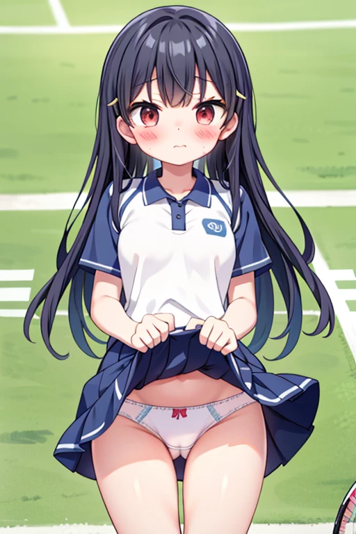 、、Tennis uniform、String Panties、Red face、Embarrassed expression