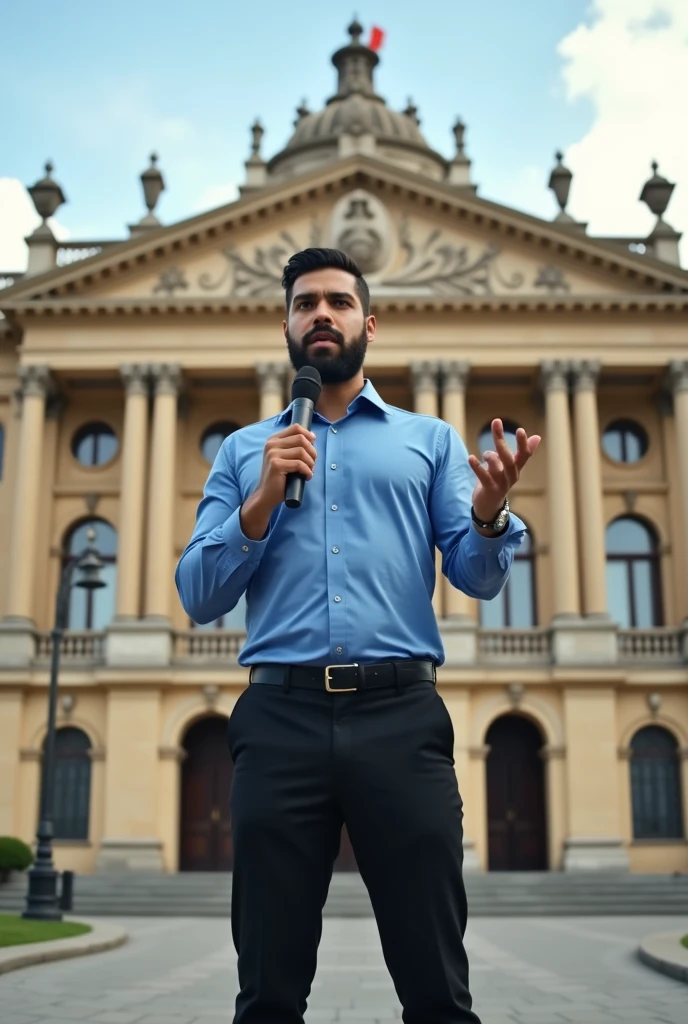 There is a strong young bearded Puerto Rican man in a blue dress shirt,Black dress pants and black shoes, microphone in hand, looking at a cameraman,hand gestures, in a TV news,in front of a large building, peru, royal Palace, parliament, peruvian, peruvian looking, proportionate, Julia Fontes, Palace, quito school, an intermediate front shot, monumental giant Palace, Mexico City, freddy mamani wild facade, jorge lacera, Gita, chilean, Refik Anadol, central shot.