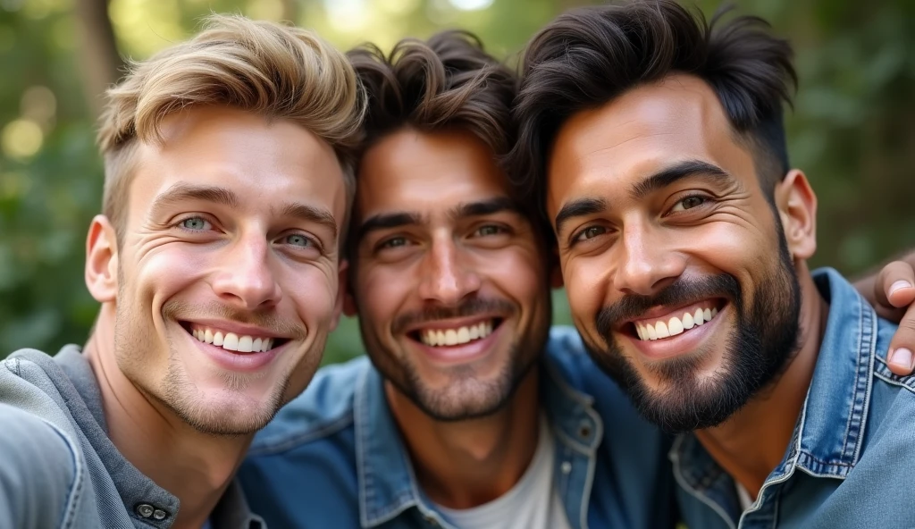 (photorealism:1.2), young,  no beard, 1 German guy with blond hair and ice blue eyes with a height of 6'5, another Russian guy with brown eyes and brown hair with a height of 6'1, an Indian guy with brown eyes with a height of 6'2. All taking a selfie together, fully realistic, no blur, detailed. 