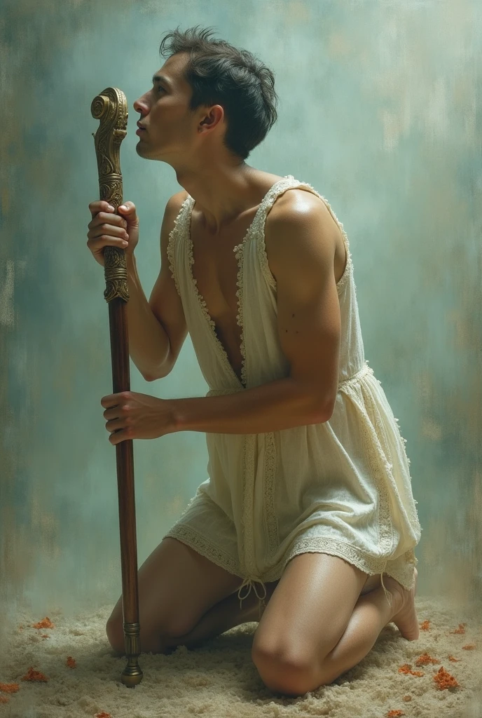 A MAN WEARING A SHORT DRESS KNEELING ON A CANE
