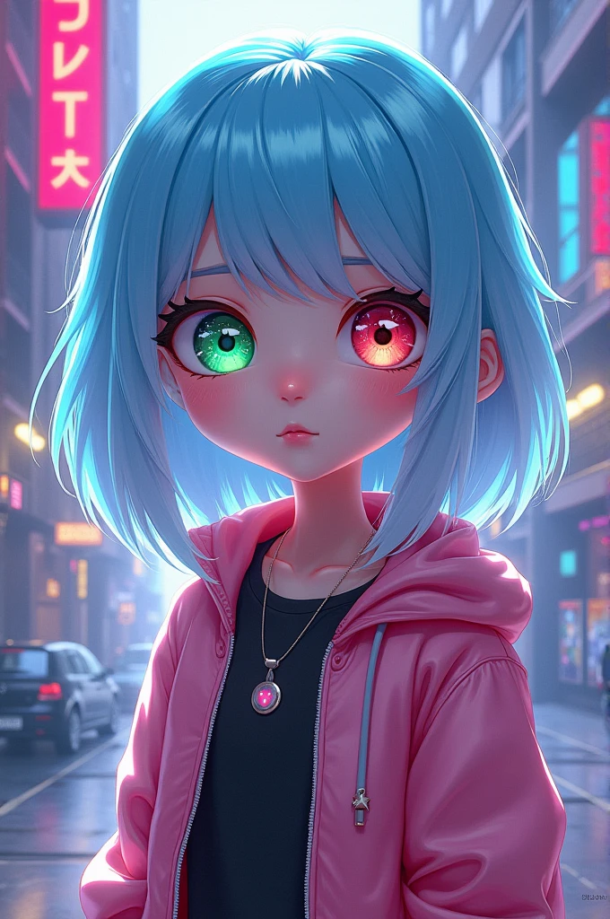 FNF style, girl with light blue hair with white tips and lets see her green eye with a white star and another red eye with a black star full body