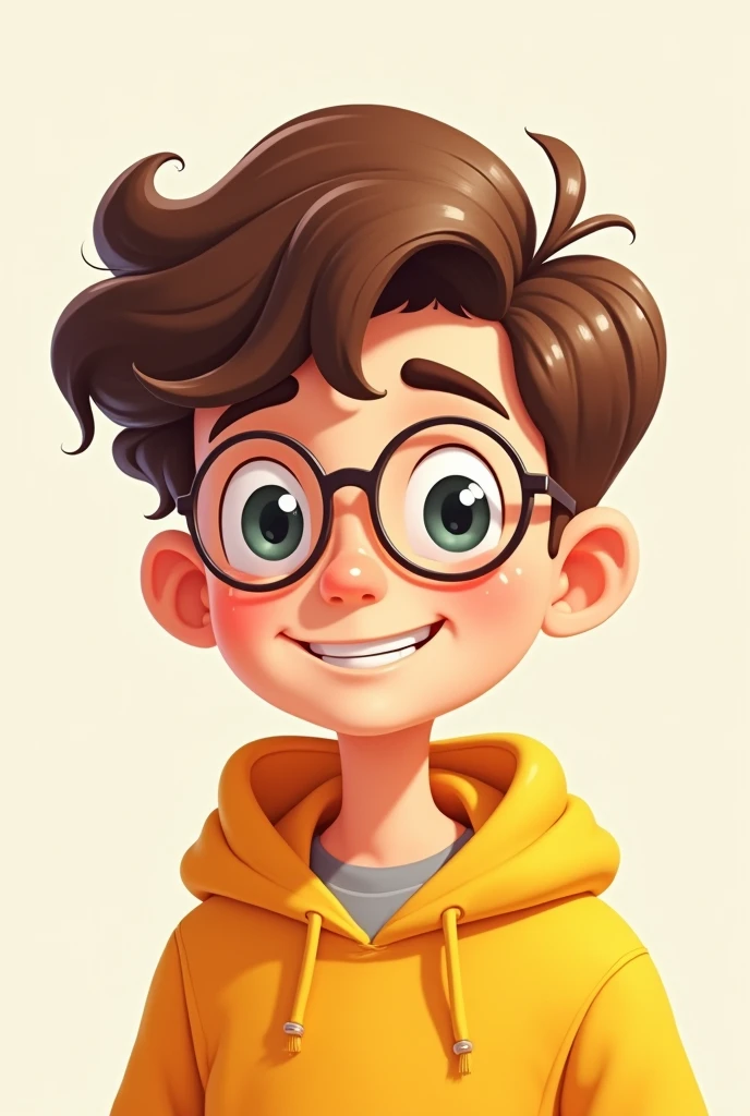 A teenage boy in yellow hoodie, and thin round glasses with weavy brown shaded hair into one side half body image looking and smiling in a calm mood, cartoon drawings style image