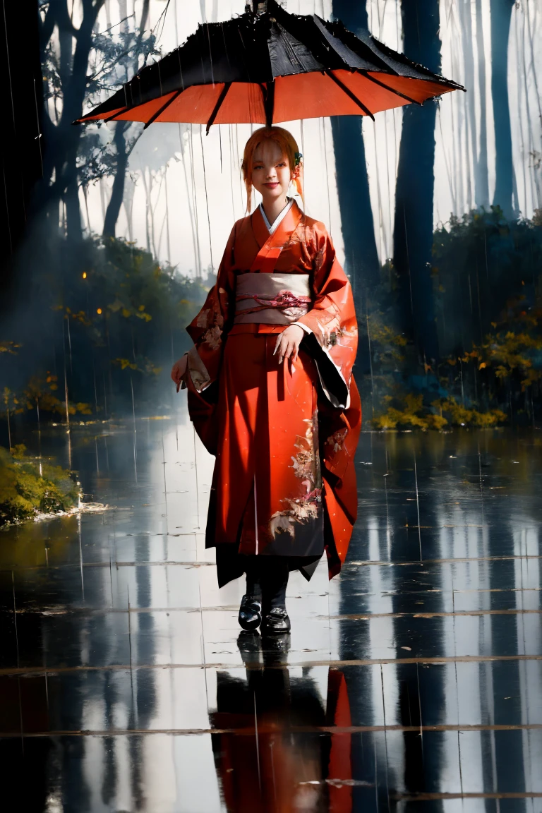 alice zuberg, uhd, 4k, textured skin, good quality, High details, ​masterpiece, best quality, (Amazingly absurd:1.2), (​masterpiece:1.2), 1 Girl, battoujutsu , evil laugh, not looking at viewer, Kimono, standing, looking in the distance, dynamische pose:1.5, evil smirking, glowing red eyes, very long hair, shiny hair , fullbody, two colored hair, hair ornament, glowing dress, black knee socks, Kawaiitech, soft colours, Kawaii, Beautiful colors, studio lighting, (Rain:1.5), (dark_forest:1.5), (Night:2),