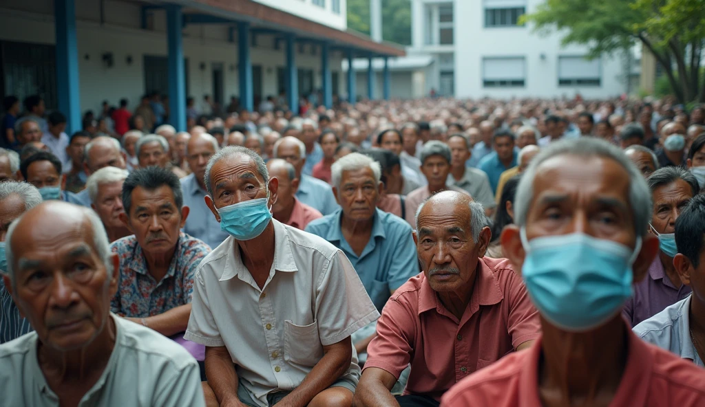 Hundreds of elderly Thai men and women, some wearing masks and some not, sat waiting to receive medicine in front of the nurse&#39;s room in the hospital, looking chaotic.
