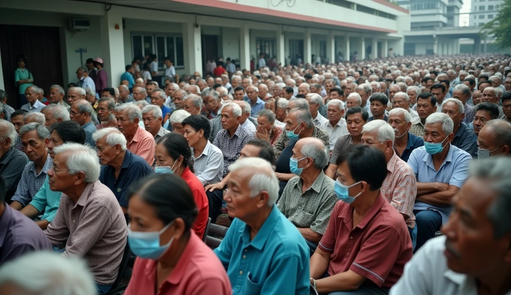 Hundreds of elderly Thai men and women, some wearing masks and some not, sat waiting to receive medicine in front of the nurse's room in the hospital, looking chaotic.
