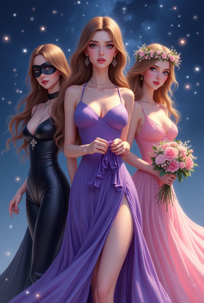 Three extremely beautiful women with brown hair, grayish eyes, The one in the middle is dressed in a purple dress with a slit on the side of the legs and a bow in her hands., The one on the left with a black leather jumpsuit, a black eye mask and glowing eyes, and the one on the right with a pink dress, a little crown of flowers on her head and some flowers in her hands, in the background a starry night