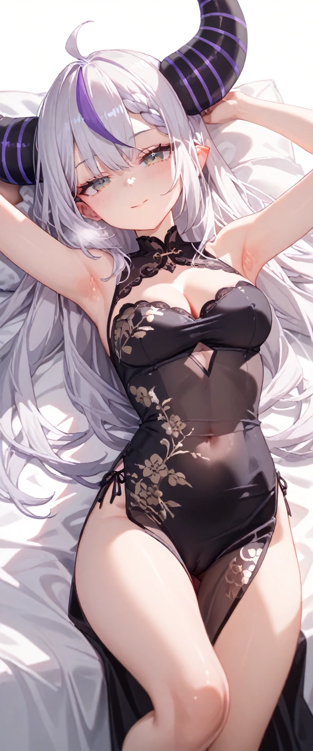 (musterpiece), (best quality), (score_9, score_8_up, score_7_up), very detailed eyes, expressive eyes, perfect face, very detailed face, highly detailed face, beautiful girl, 8K, beautiful girl, (white background:1.3), delicate and beautiful face and eyes, dark intense shadow, 1 girl, solo, vtuber style, cool girl, hololive, vtuber, Laplus Darknesss, long hair, see-through:cheongsam, off the shoulders, Healthy slim body, fkat chest, soft chest, cleavage, clavicle, cameltoe, half-closed eyes, sleeping, breathing, ass visible through thighs, (whole body), sleeping face, lying on back, lying on bed, arm up, arm on forehead, armpit, look up, light smile, one knee up, from below, pov chest,