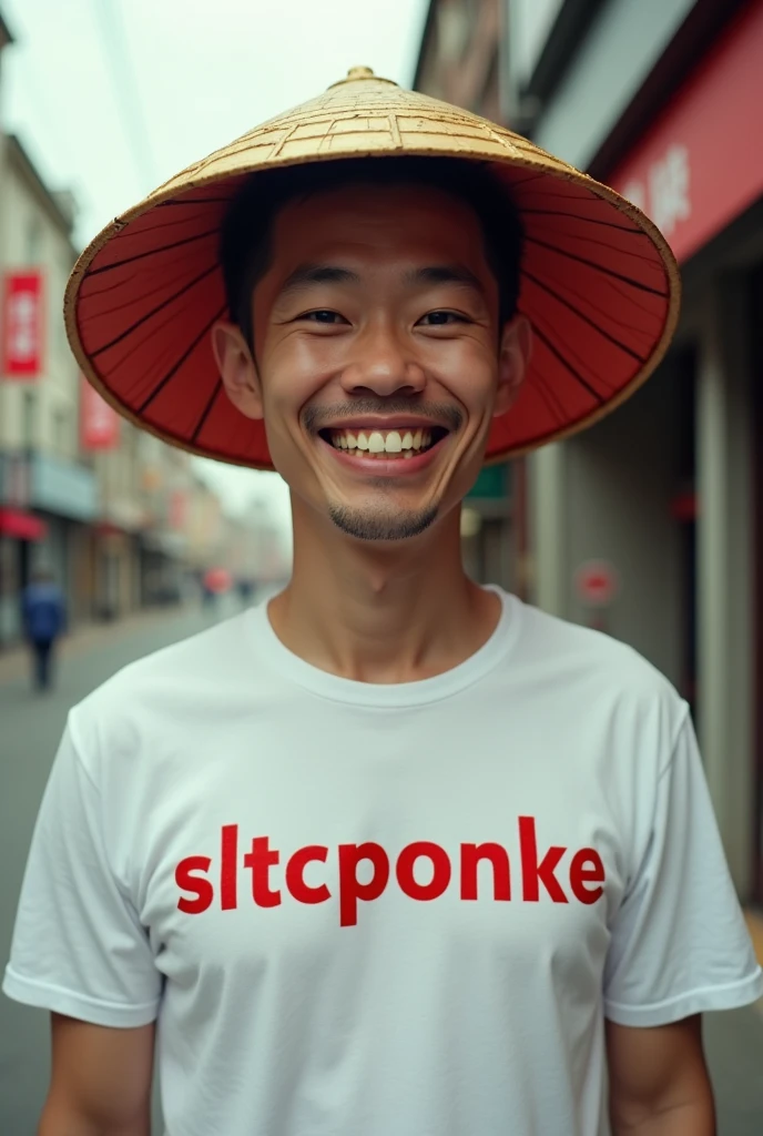 Un chinois laid avec un chapeau chinois et les dents de devant qui dépassent et un t-shirt avec écrit "sltcponke"